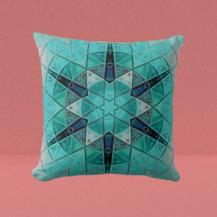 Mosaic Mandala Flower Blue and White Throw Pillow