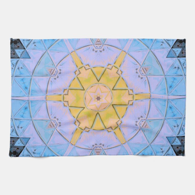 Mosaic Mandala Flower Blue and Yellow Kitchen Towel (Horizontal)
