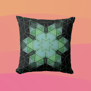Mosaic Mandala Flower Blue Green and Black Throw Pillow