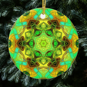 Mosaic Mandala Flower Green Blue and Yellow Ceramic Ornament
