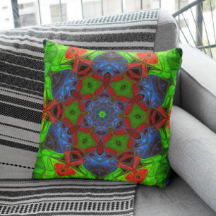 Mosaic Mandala Flower Green Red and Blue Throw Pillow