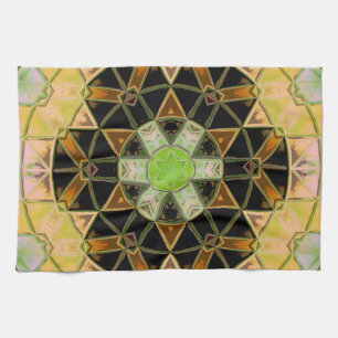 Mosaic Mandala Flower Green Yellow and Black Kitchen Towel