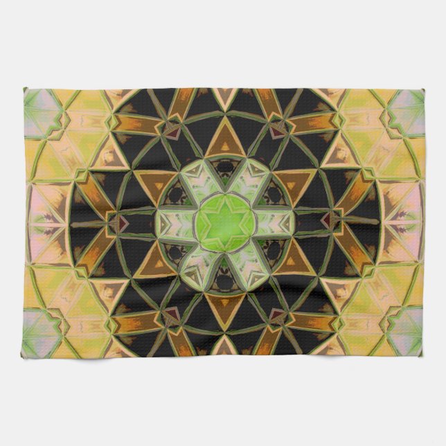 Mosaic Mandala Flower Green Yellow and Black Kitchen Towel (Horizontal)