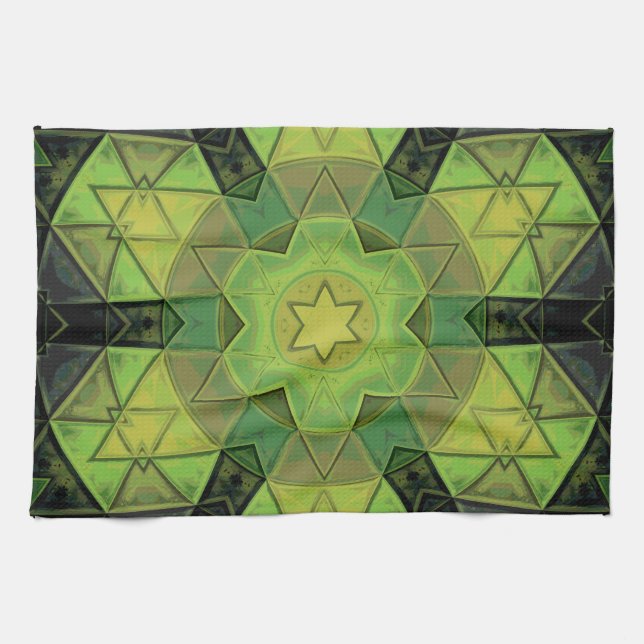 Mosaic Mandala Flower Green Yellow and Black Kitchen Towel (Horizontal)