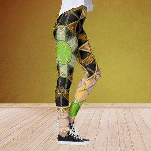 Mosaic Mandala Flower Green Yellow and Black Leggings