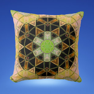Mosaic Mandala Flower Green Yellow and Black Throw Pillow