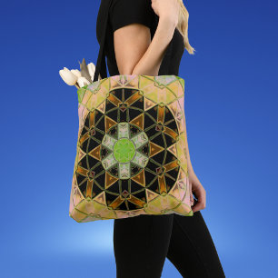 Mosaic Mandala Flower Green Yellow and Black Tote Bag