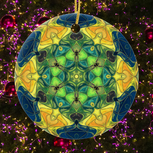 Mosaic Mandala Flower Green Yellow and Blue Ceramic Ornament
