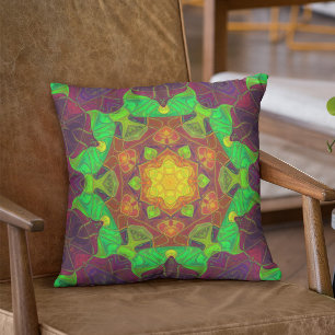Mosaic Mandala Flower Green Yellow and Purple Throw Pillow