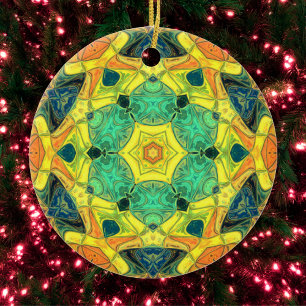 Mosaic Mandala Flower Green Yellow Blue and Orange Ceramic Ornament