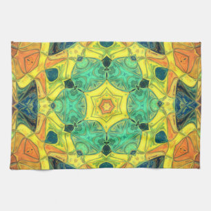 Mosaic Mandala Flower Green Yellow Blue and Orange Kitchen Towel