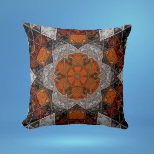 Mosaic Mandala Flower Orange White and Black Throw Pillow