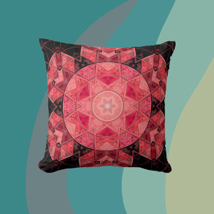 Mosaic Mandala Flower Pink and Black Throw Pillow
