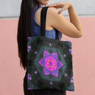 Mosaic Mandala Flower Pink and Black Tote Bag