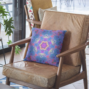 Mosaic Mandala Flower Pink Blue and Yellow Throw Pillow