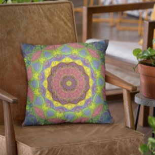 Mosaic Mandala Flower Pink Yellow and Green Throw Pillow