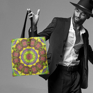 Mosaic Mandala Flower Pink Yellow and Green Tote Bag