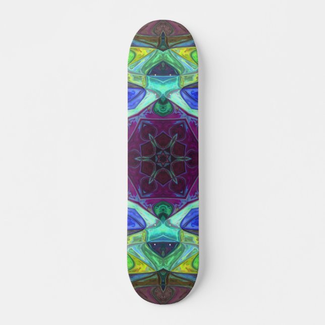 Mosaic Mandala Flower Purple Blue and Green Skateboard (Front)