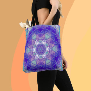 Mosaic Mandala Flower Purple Blue and White Tote Bag