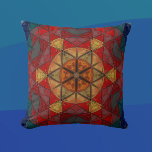 Mosaic Mandala Flower Red Blue and Yellow Throw Pillow