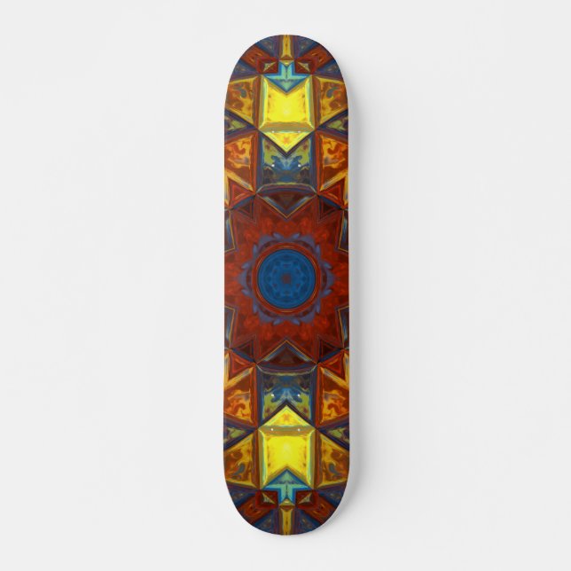 Mosaic Mandala Flower Red Yellow and Blue Skateboard (Front)