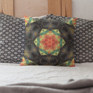 Mosaic Mandala Flower Red Yellow Green and Black Throw Pillow