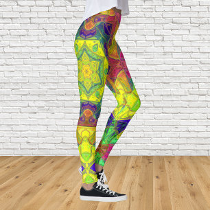 Mosaic Mandala Flower Yellow Blue and Green Leggings