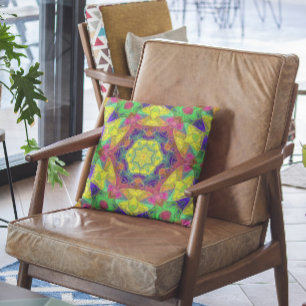 Mosaic Mandala Flower Yellow Blue and Green Throw Pillow