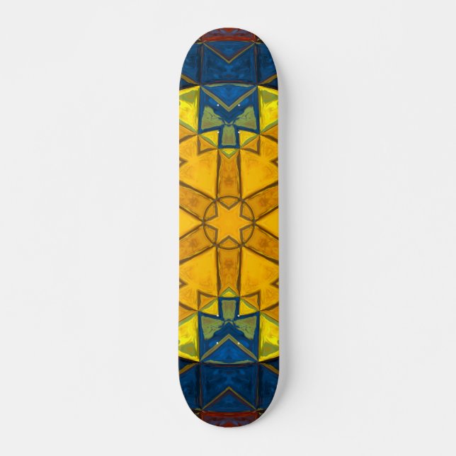 Mosaic Mandala Flower Yellow Blue and Red Skateboard (Front)