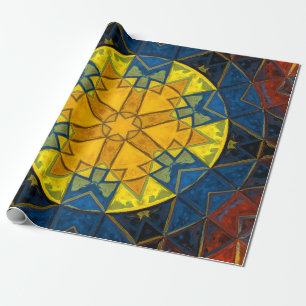 Mosaic Mandala Flower Yellow Blue and Red Wrapping Paper