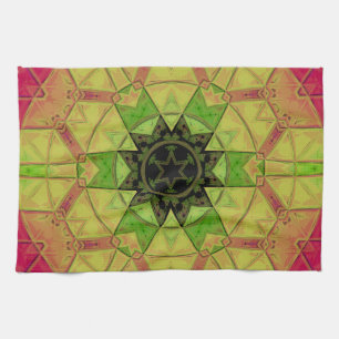 Mosaic Mandala Flower Yellow Green and Pink Kitchen Towel