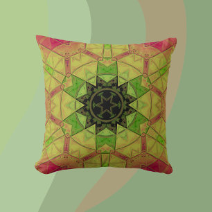 Mosaic Mandala Flower Yellow Green and Pink Throw Pillow