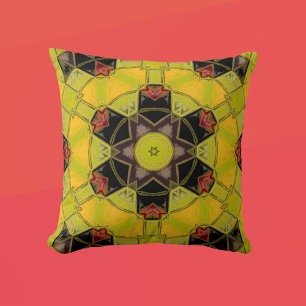 Mosaic Mandala Flower Yellow Green Red and Black Throw Pillow