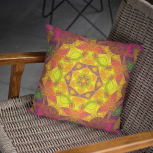 Mosaic Mandala Flower Yellow Orange and Purple Throw Pillow