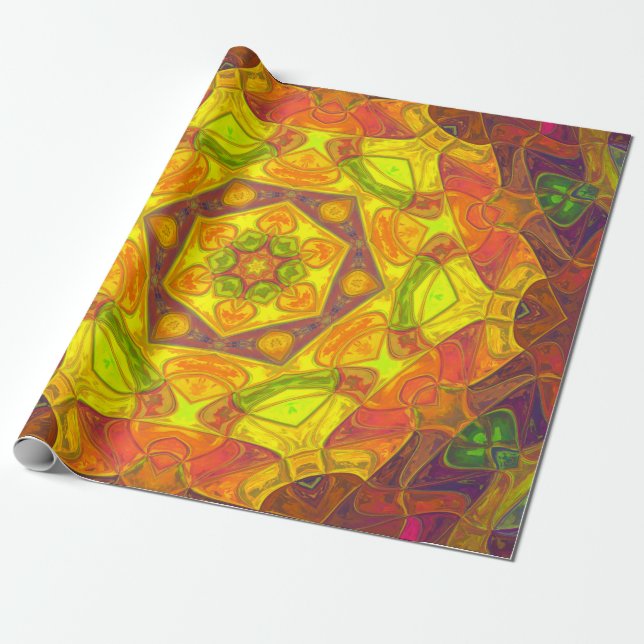 Mosaic Mandala Flower Yellow Orange and Purple Wrapping Paper (Unrolled)