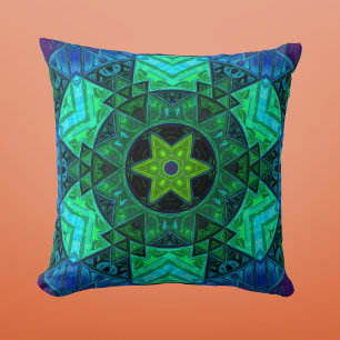 Mosaic Mandala Green and Blue Throw Pillow