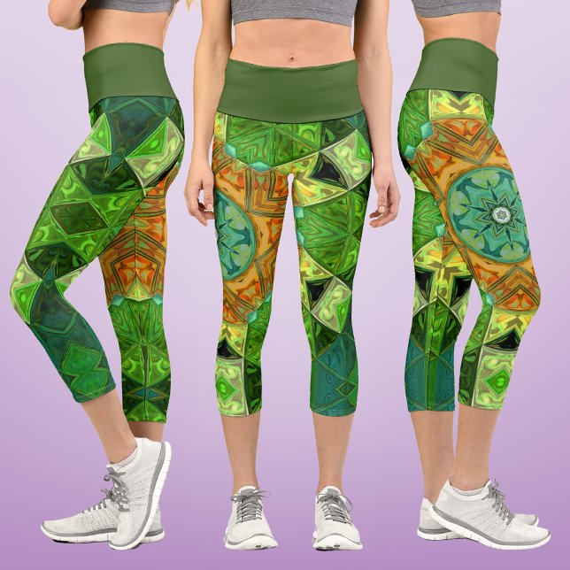 Mosaic Mandala Orange and Green Capri Leggings (Creator Uploaded)