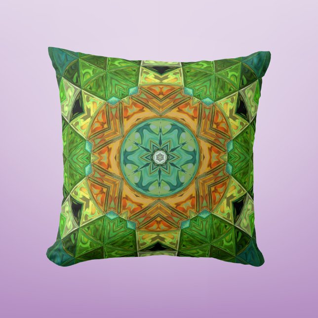 Mosaic Mandala Orange and Green Throw Pillow (Creator Uploaded)