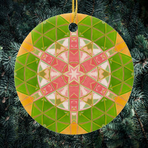 Mosaic Mandala Orange Green and Pink Ceramic Ornament