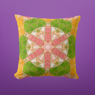 Mosaic Mandala Orange Green and Pink Throw Pillow