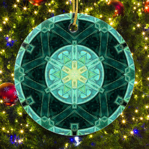Mosaic Mandala Teal and Yellow Ceramic Ornament
