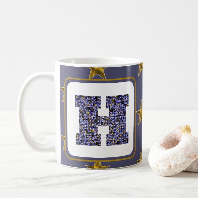 Mosaic Monogram Initial Gold Stars Letter H Coffee Mug (With Donut)