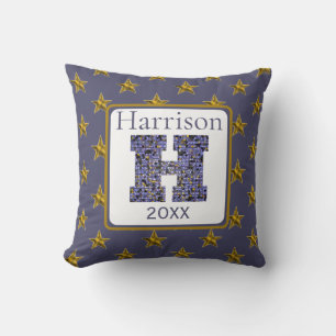 Mosaic Monogram Initial Gold Stars Letter H Throw Pillow