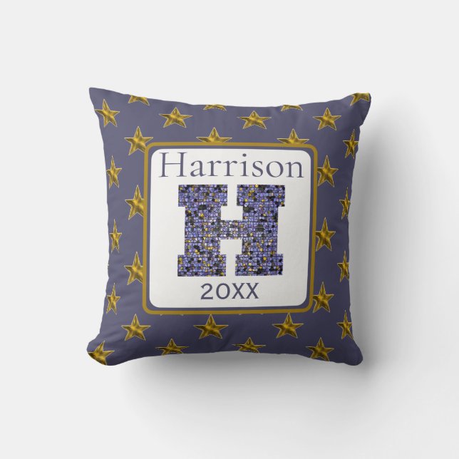 Mosaic Monogram Initial Gold Stars Letter H Throw Pillow (Front)