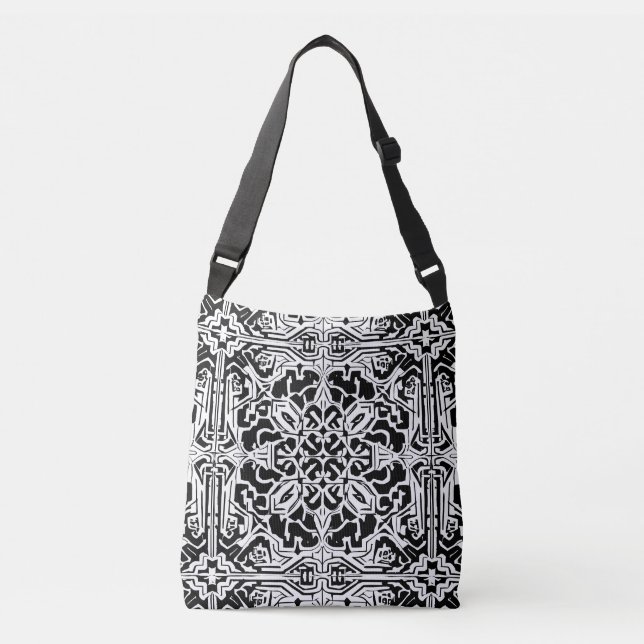 Mosaic Moroccan Tile Pattern in Black and White  Crossbody Bag (Front)