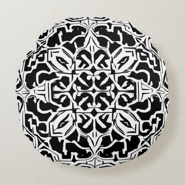 Mosaic Moroccan Tile Pattern in Black and White Round Pillow (Front)