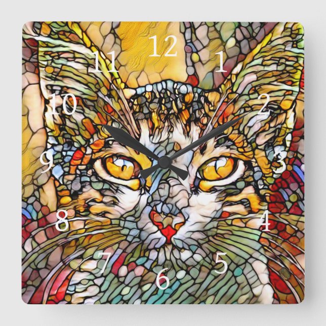 Mosaic Multicolor Cat 697 Square Wall Clock (Front)
