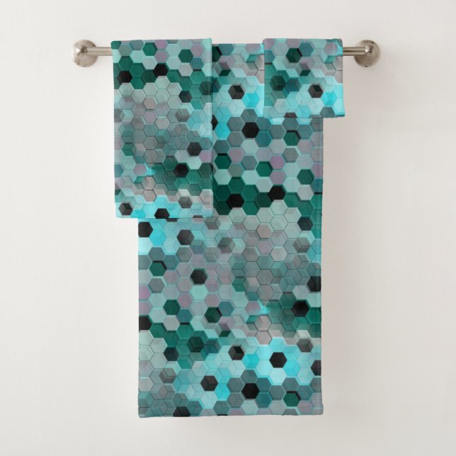 Mosaic of hexagons or cubes in shades cyan to grey bath towel set (Insitu)