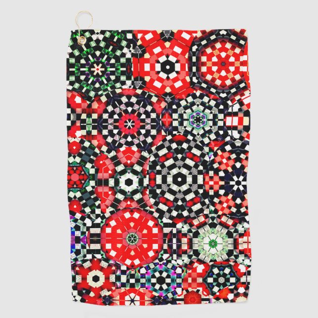 Mosaic of kaleidoscope chess hexagon, red black to golf towel (Front)