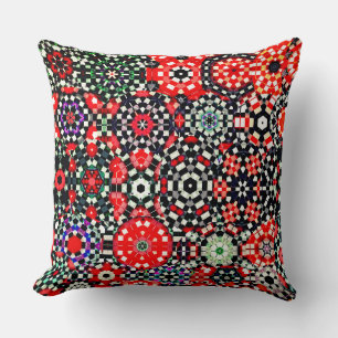 Mosaic of kaleidoscope chess hexagon, red black to throw pillow